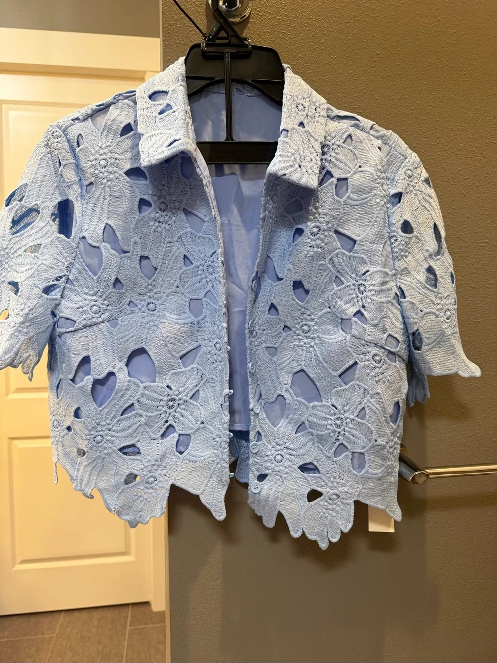 Light Blue Crochet Button-Front Crop Top & Short Set